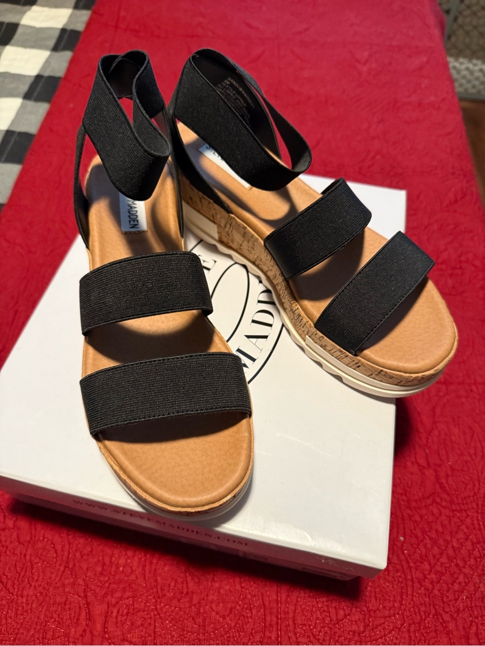 Steve Madden Black Elastic Strap Cork Wedge Sandals